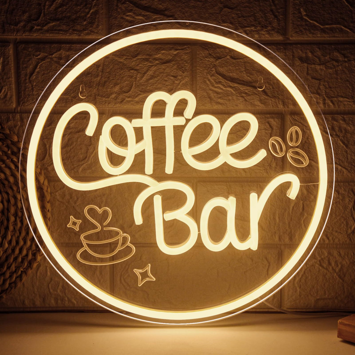 Mojoish Coffee Bar neon sign on wall provides warm inviting ambiance