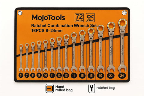 MoJoTools 72-tooth ratcheting wrench delivers precise turns with minimal effort.