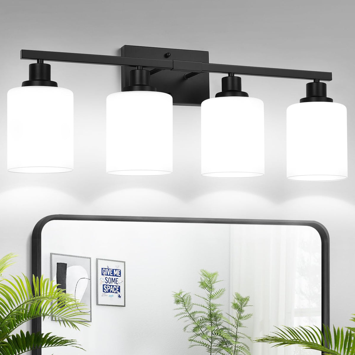 MOKATNG 4-light vanity fixture with milky shade for soft, glare-free bathroom lighting.