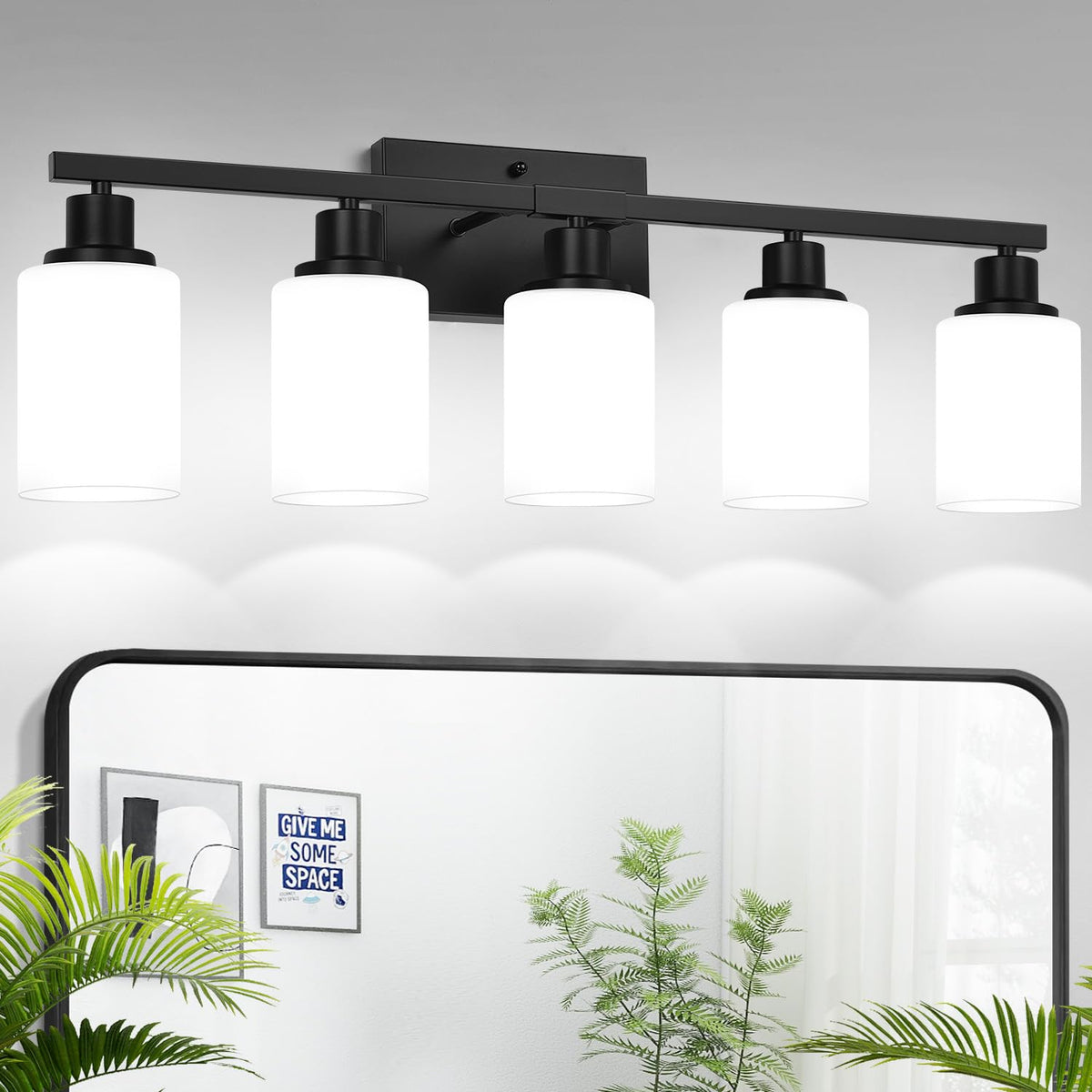 MOKATNG 5-light bathroom light with milky shade for gentle diffuse illumination.
