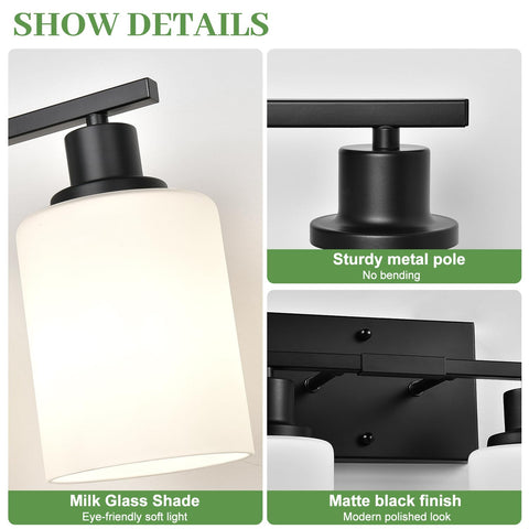MOKATNG bathroom lamp with E26 sockets supports LED, incandescent, or CFL bulbs.