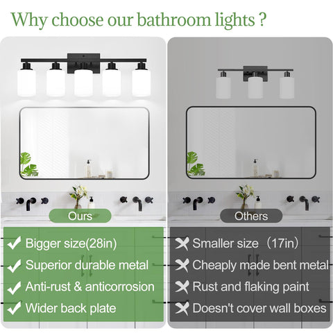 MOKATNG matte black over-mirror light complements modern bathroom design.