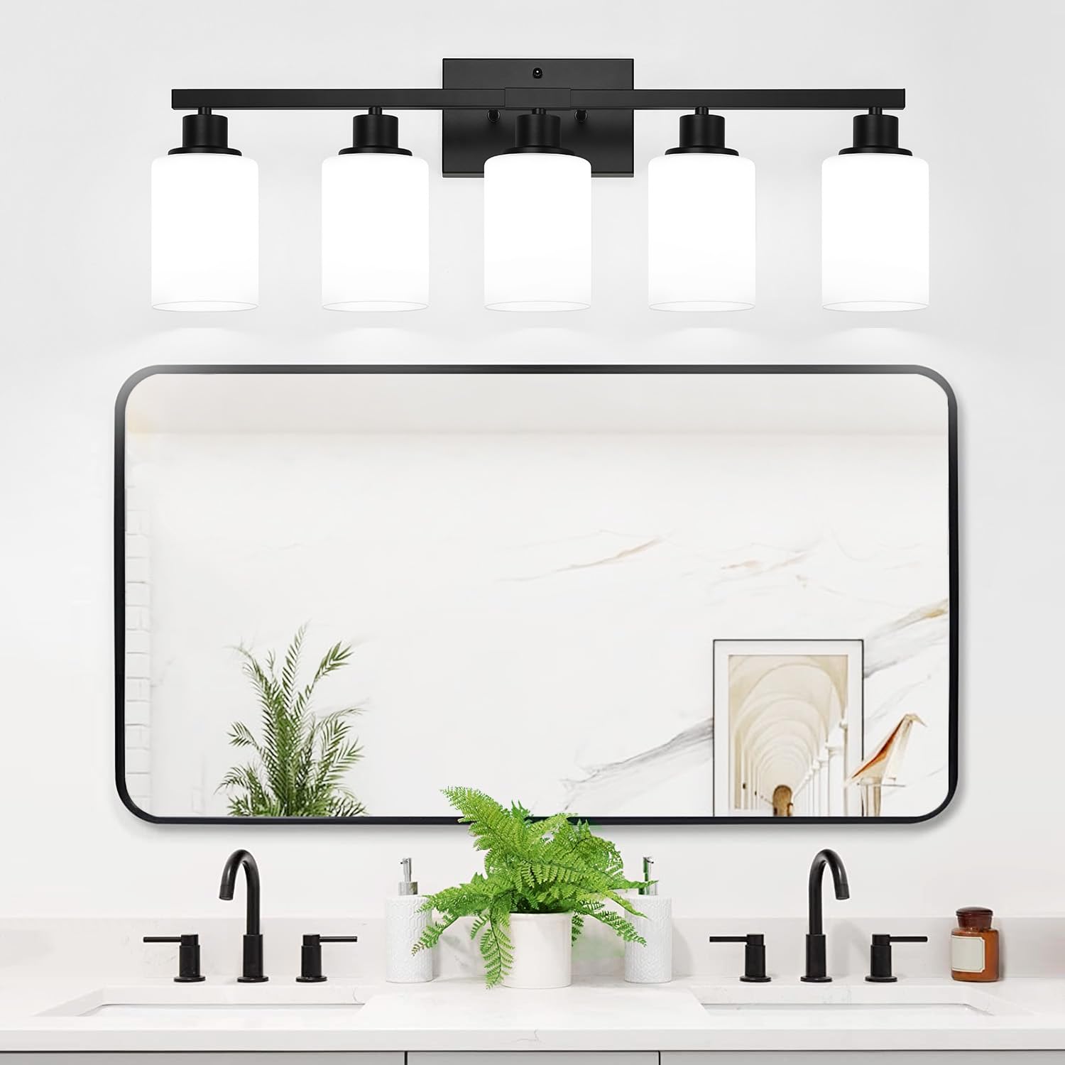 MOKATNG milk glass shade softens glare for a calming bath.