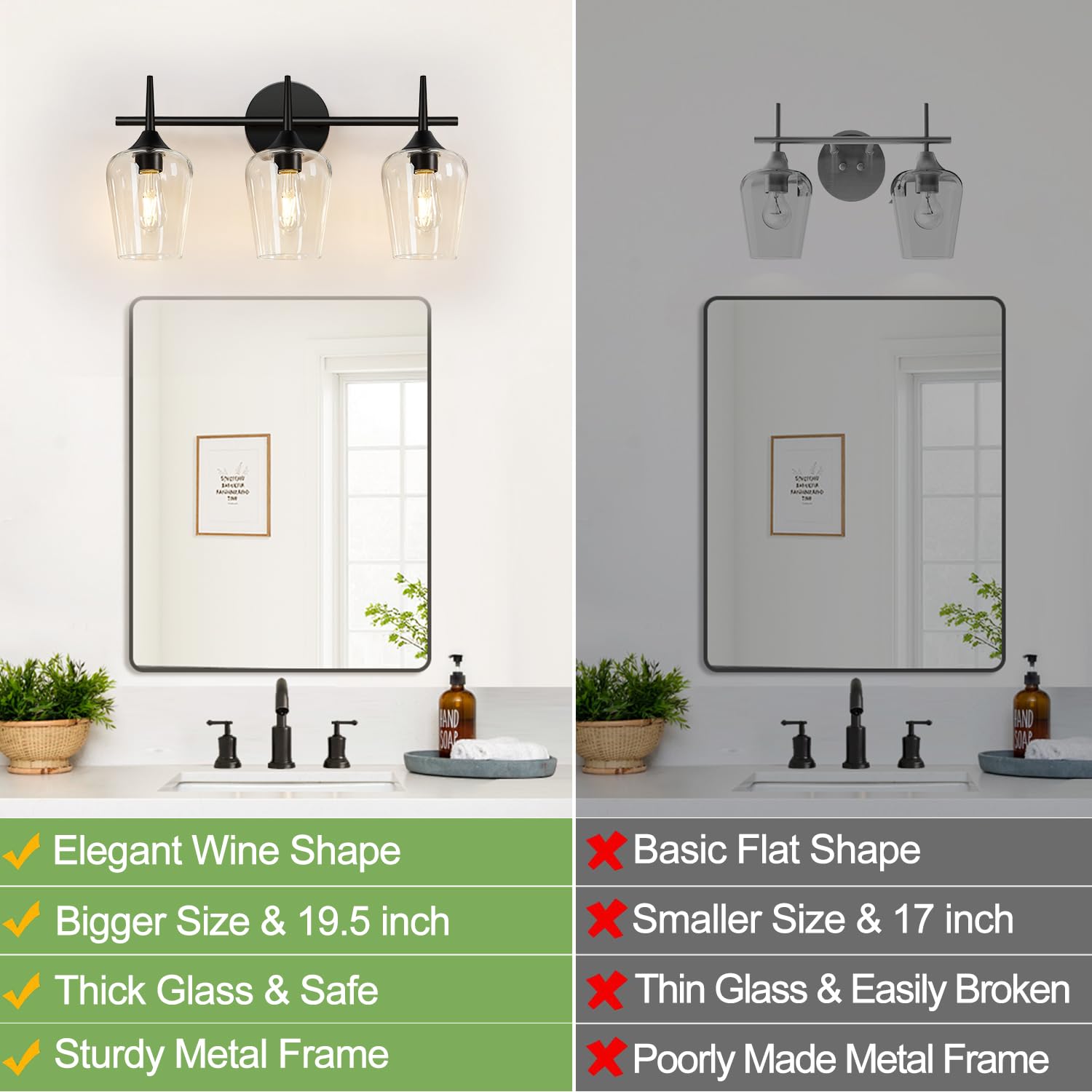 MOKATNG vanity light with clear glass shades brightens mirrors with crystal clarity.
