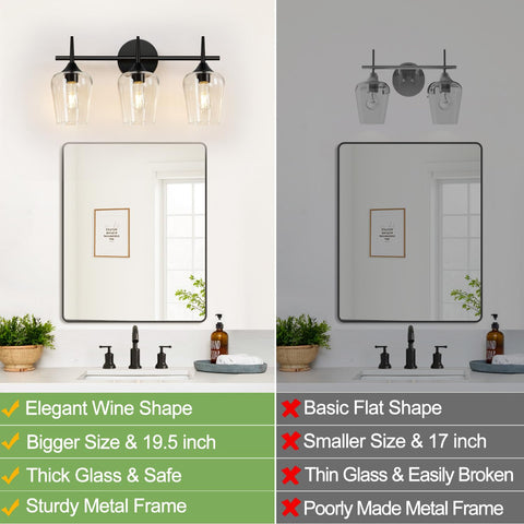 MOKATNG vanity light with clear glass shades brightens mirrors with crystal clarity.