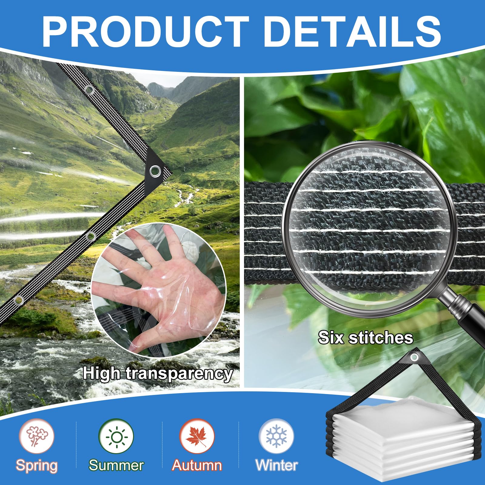 Mokoey 14mil clear vinyl tarp provides durability with high light transmission.