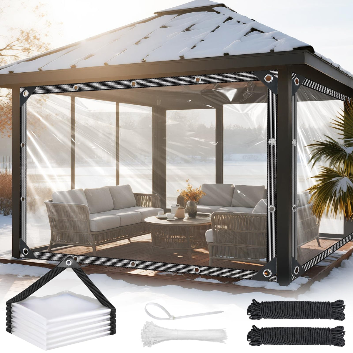 Mokoey Clear Tarp 8x10ft in patio use protects furniture while preserving outdoor view