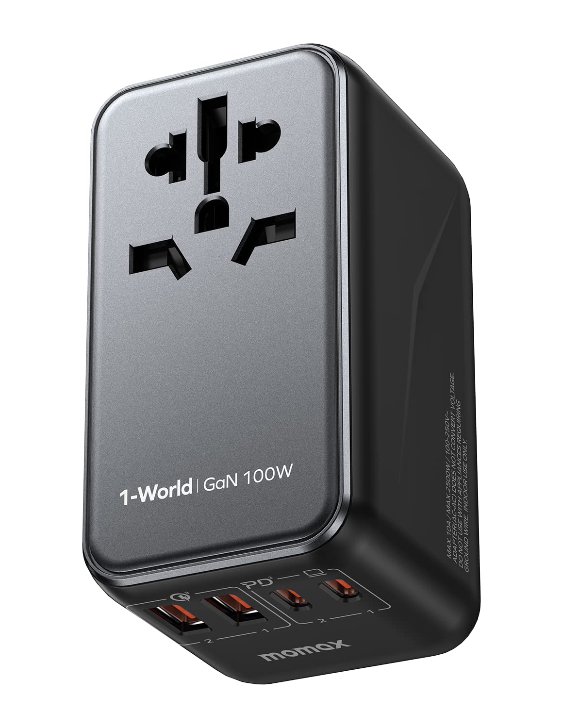 MOMAX 100W universal travel adapter front view for portable charging on the go.