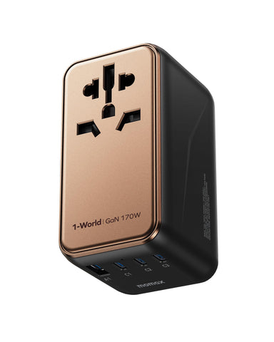 MOMAX 170W travel adapter front view for global charging convenience