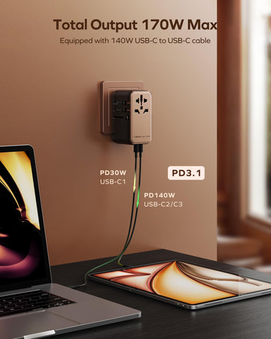 MOMAX 170W adapter ports side showing USB-C and USB-A connections
