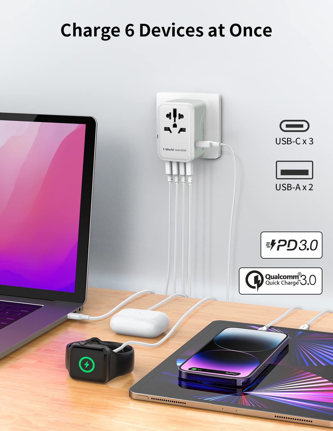 MOMAX 6-in-1 travel adapter in compact size ideal for luggage