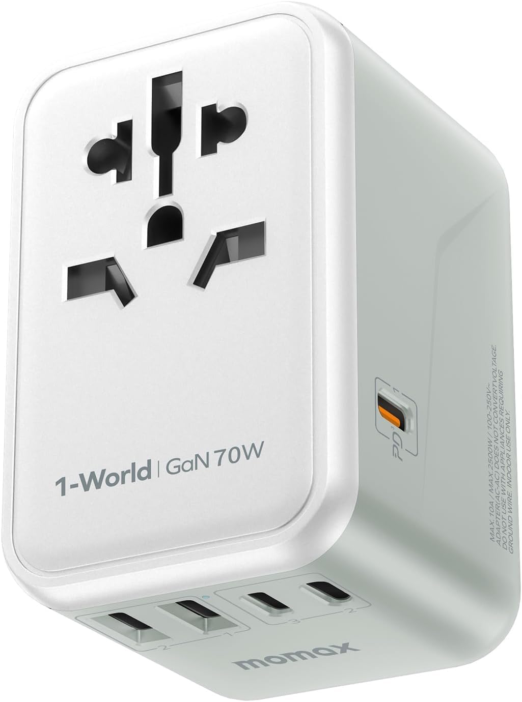 MOMAX 6-in-1 travel adapter front view showing compact design for on-the-go charging