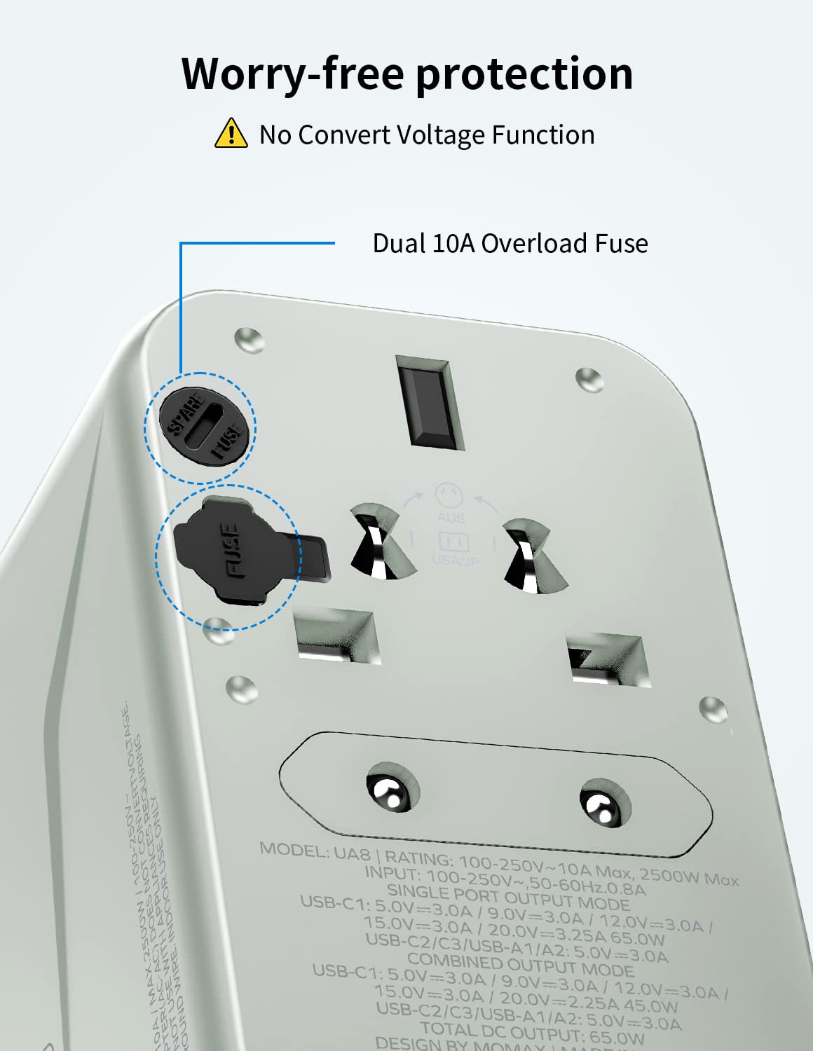 MOMAX wattage label showing voltage and wattage limits for safe use