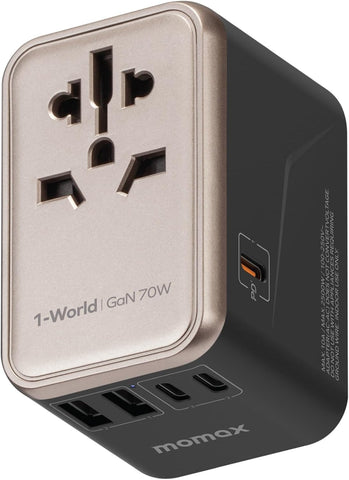 MOMAX 6-in-1 universal travel adapter front view compact for easy packing