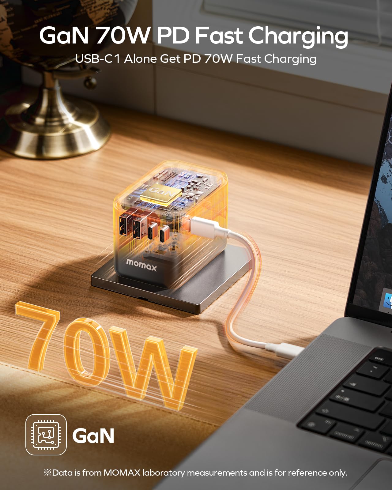 MOMAX 70W compact size highlighting GaN efficiency for travel light