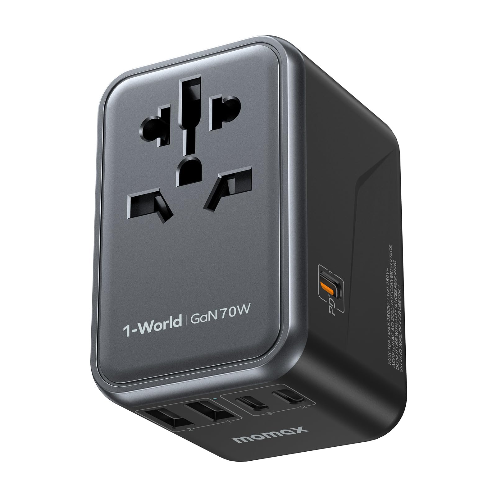 MOMAX 70W universal travel adapter in front view for versatile worldwide charging on trips