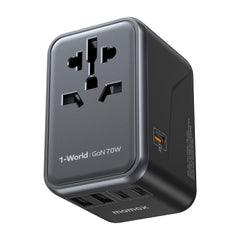 MOMAX 70W universal travel adapter in front view for versatile worldwide charging on trips