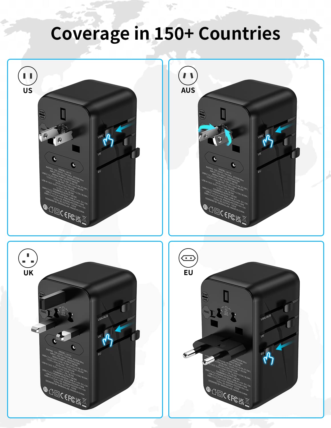 MOMAX GaN technology highlights compact profile suitable for carry-on packing.