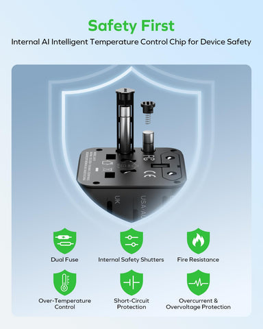 MOMAX in-use travel adapter charging laptop and phone at a desk