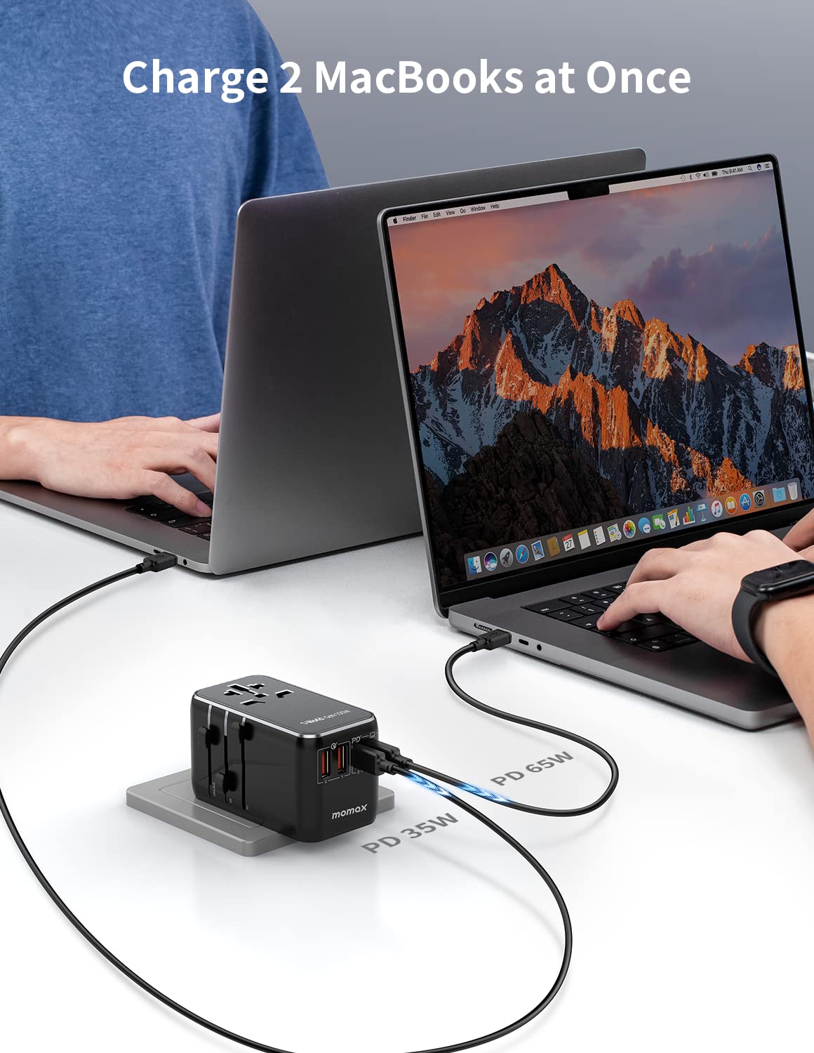 Two USB-C PD ports power laptops and devices quickly.