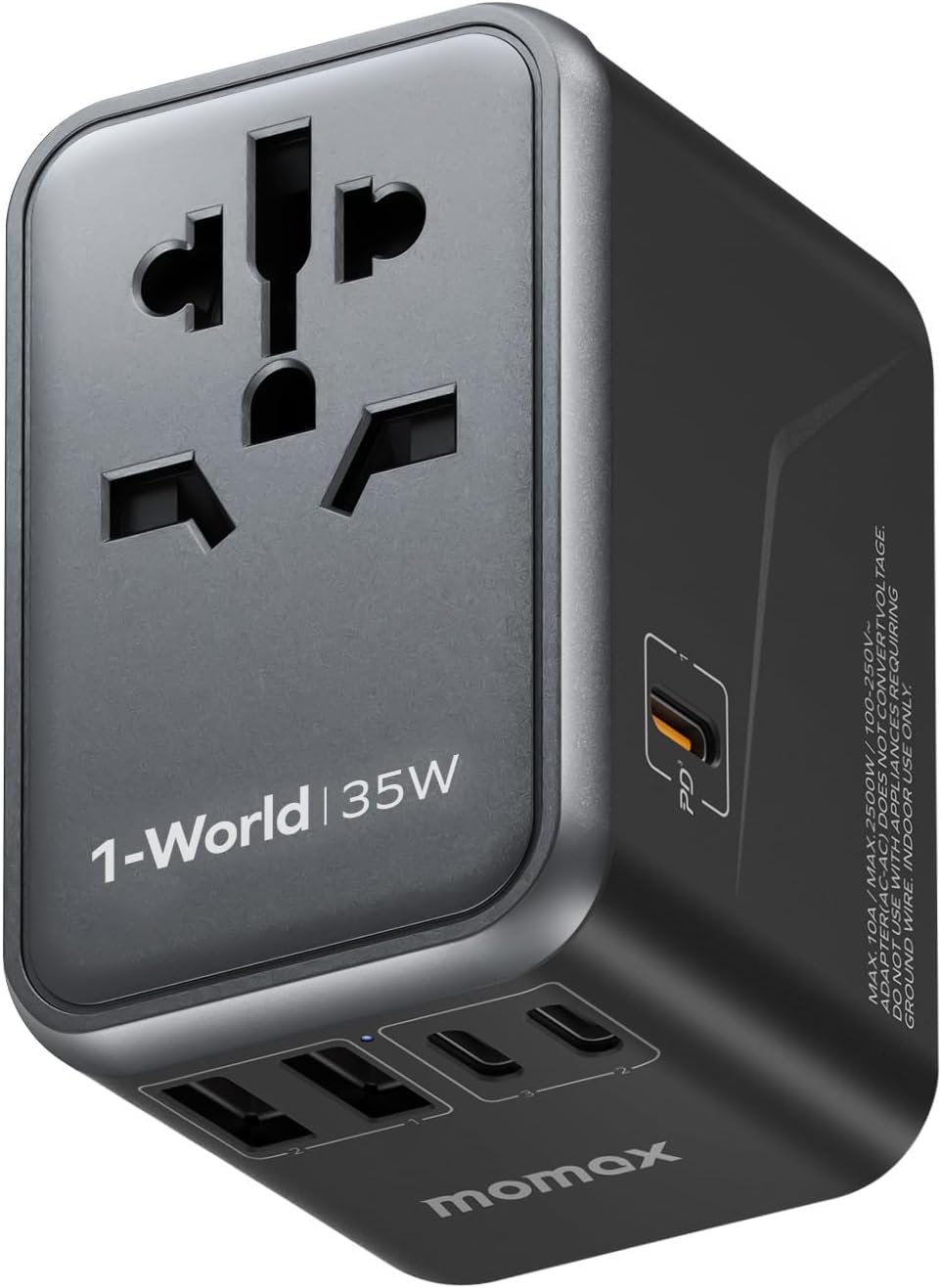 MOMAX Universal Travel Adapter front view shows compact design for travelers.