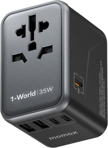 MOMAX Universal Travel Adapter front view shows compact design for travelers.