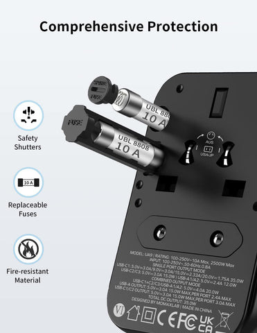 MOMAX travel adapter in use worldwide on a hotel desk.
