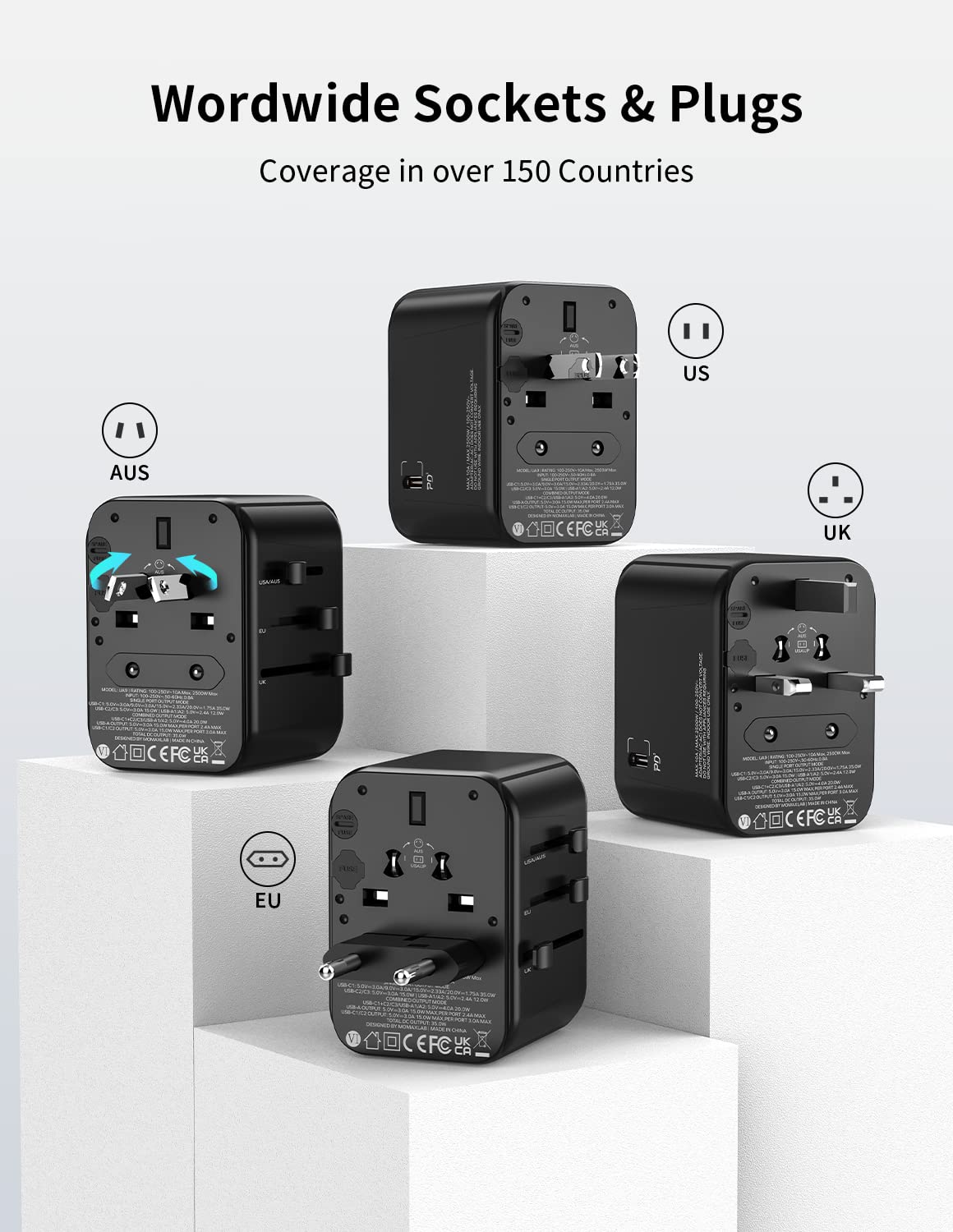 MOMAX adapter shows EU and US plug types for worldwide compatibility.