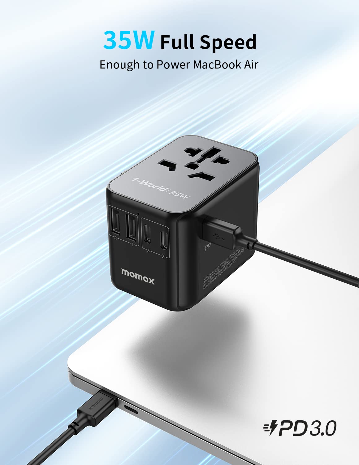 MOMAX adapter with 3 USB-C and 2 USB-A ports for multi-device charging.
