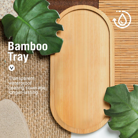 MOMEEMO bamboo tray accompanies the dispensers with natural warmth.