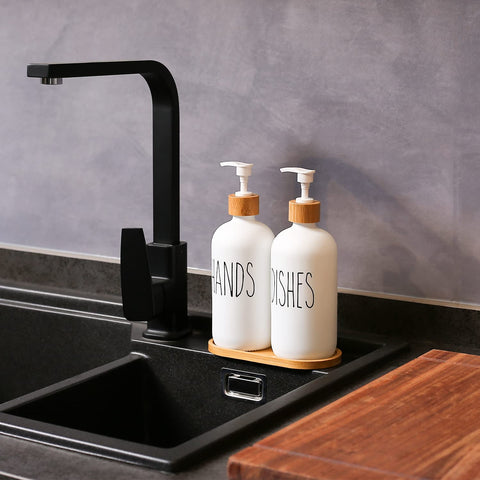 MOMEEMO glass dish soap dispenser with bamboo pump for a tidy counter.