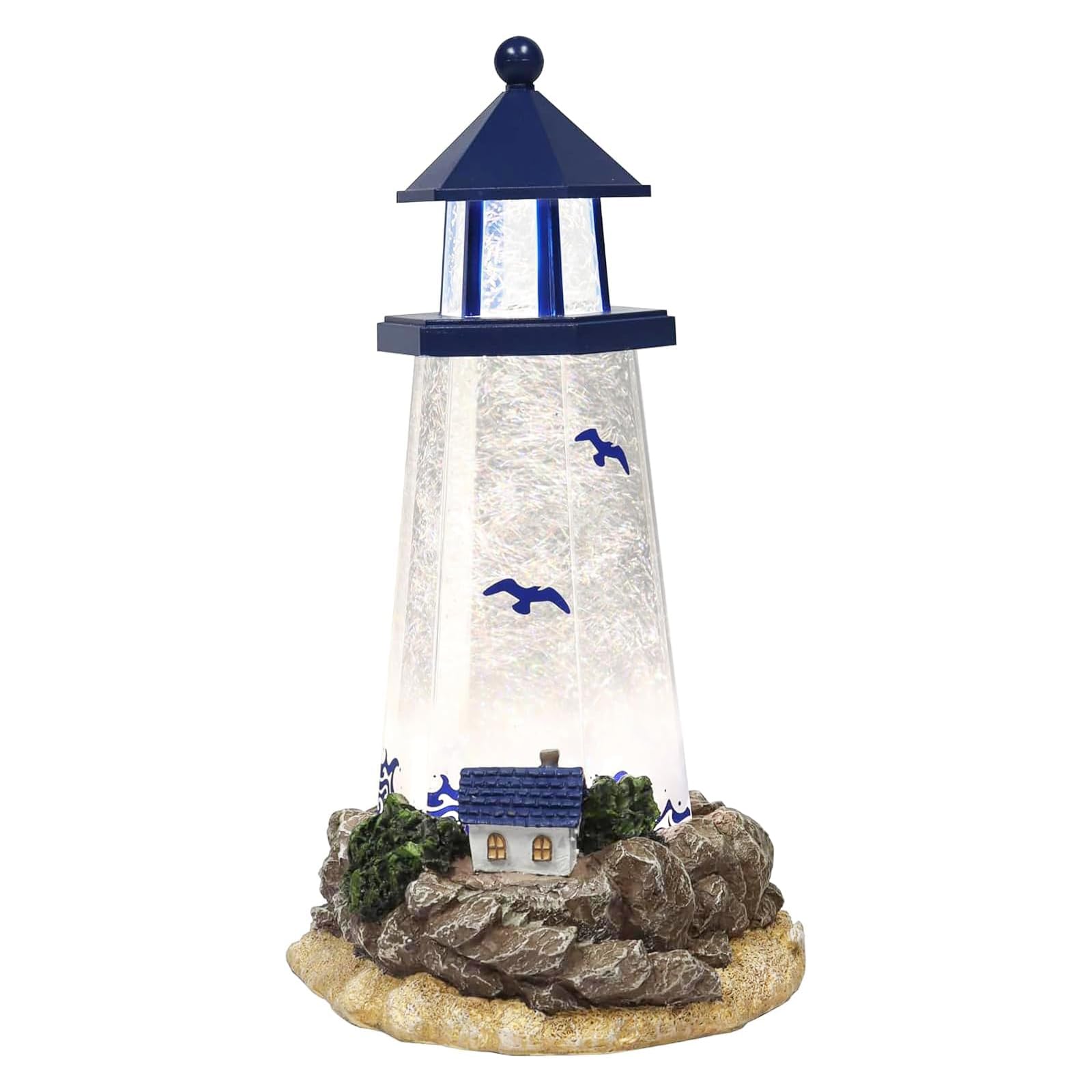Moments in Time lighthouse water globe with acrylic spinning glitter for a coastal centerpiece.