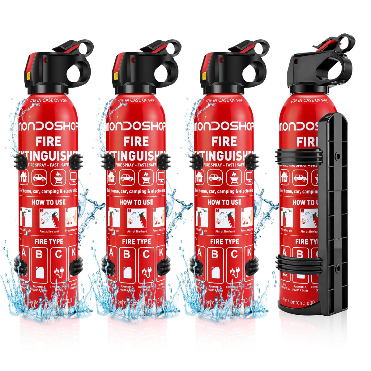 Mondoshop 4-pack fire extinguisher mounted on wall for easy home safety.