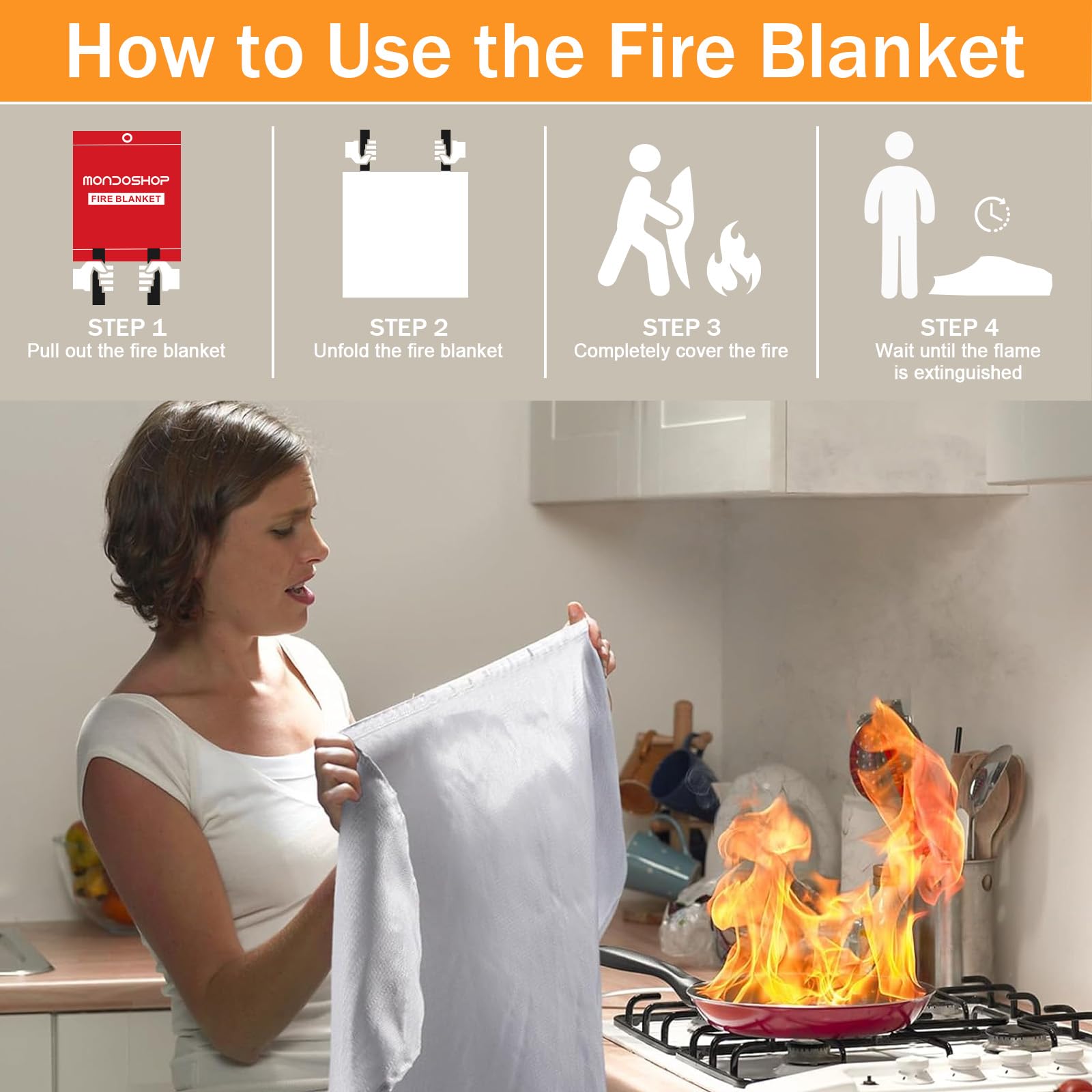Mondoshop fire blanket covering a flame for quick suppression