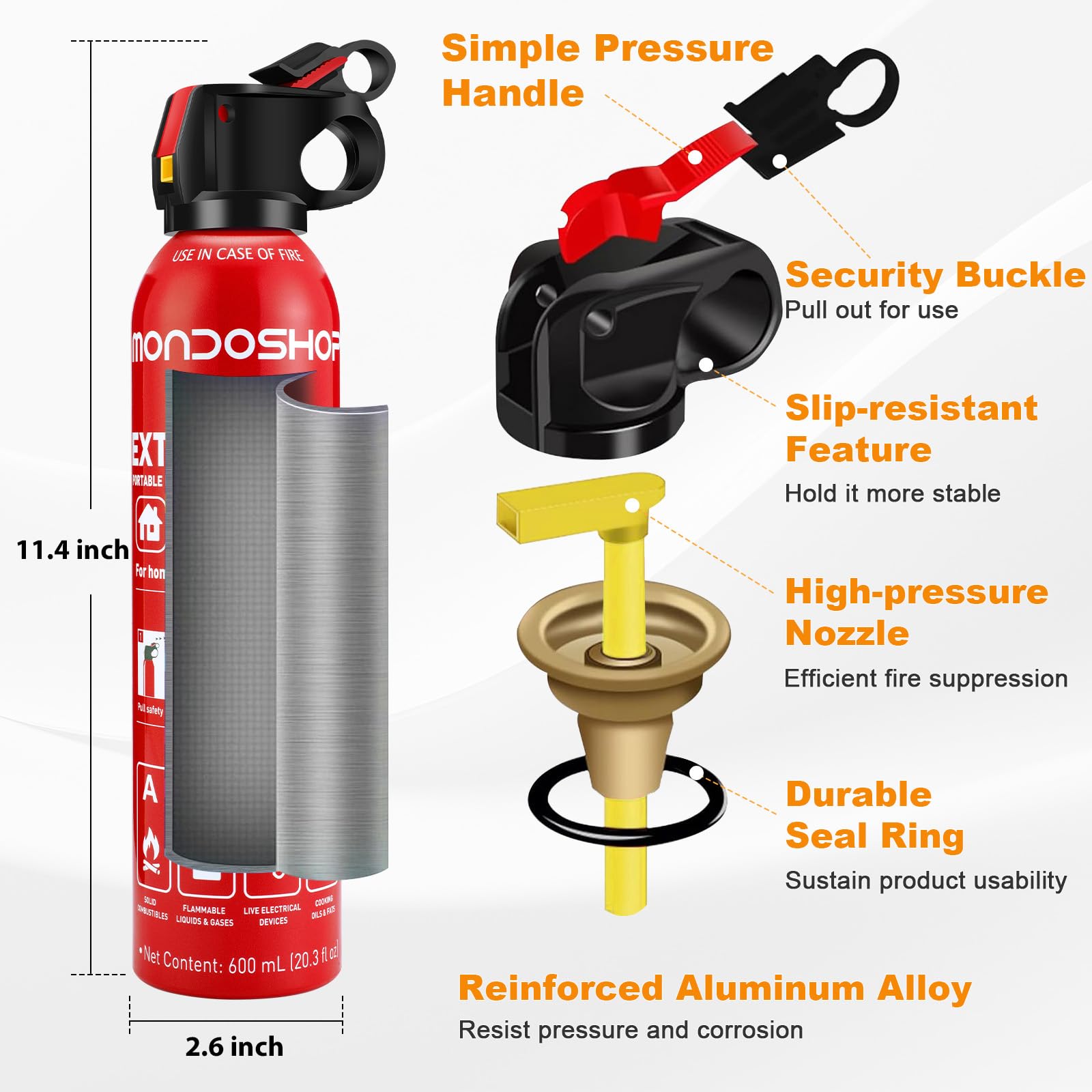Mondoshop compact extinguisher demonstrates space-saving design for small spaces.