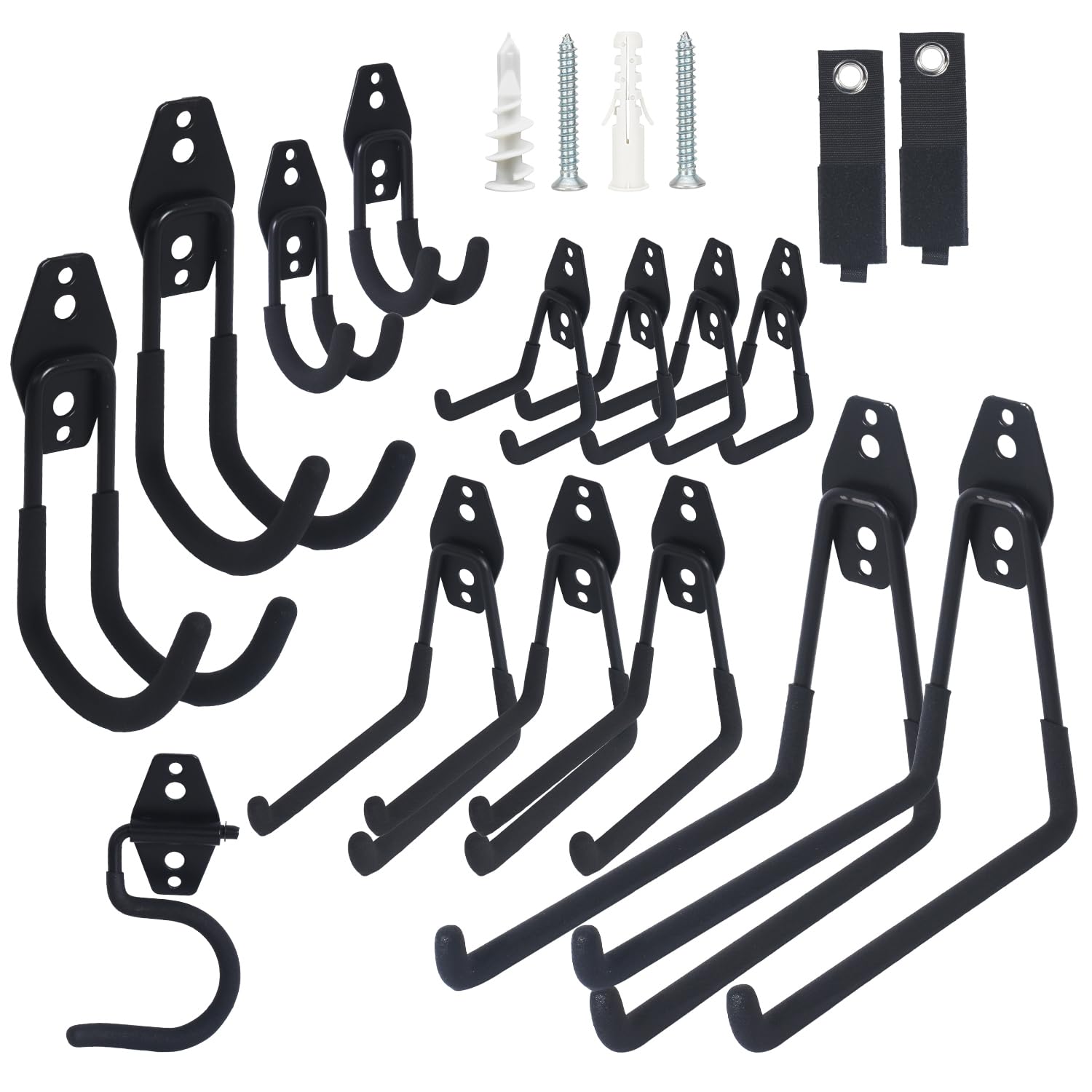 Moneek's Hardware 16-pack garage hooks wall-mounted with anti-slip coating for secure tool storage.