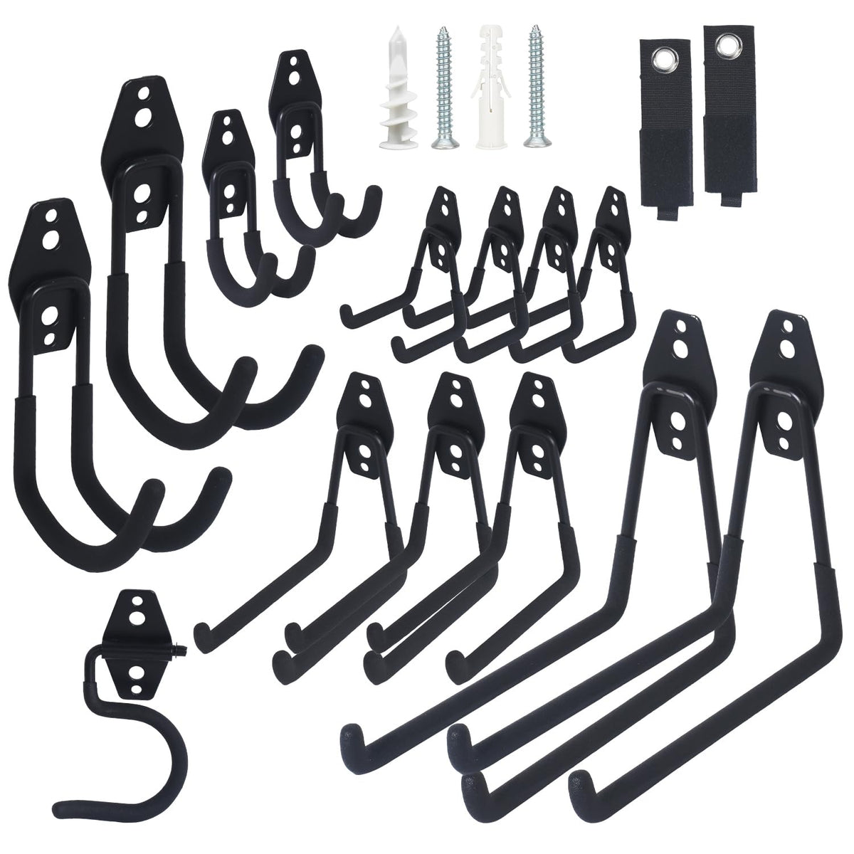 Moneek's Hardware 16-pack garage hooks wall-mounted with anti-slip coating for secure tool storage.