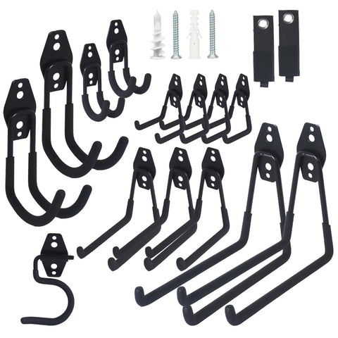 Moneek's Hardware 16-pack garage hooks wall-mounted with anti-slip coating for secure tool storage.