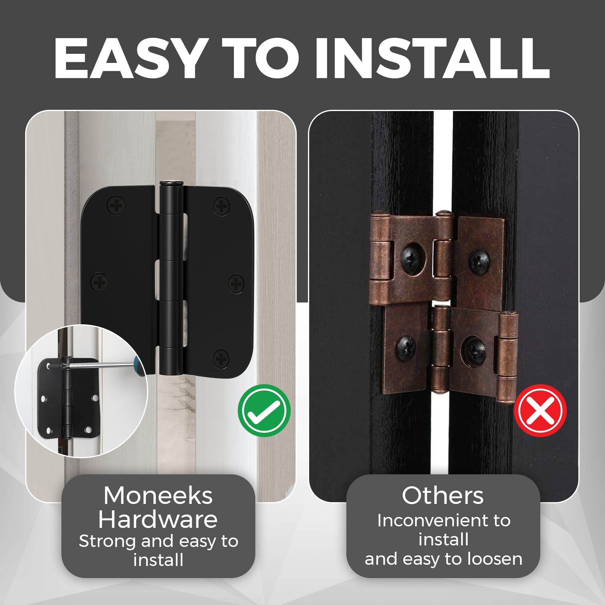 Heavy-duty iron construction of Moneek's Hardware hinges signals long-lasting reliability.