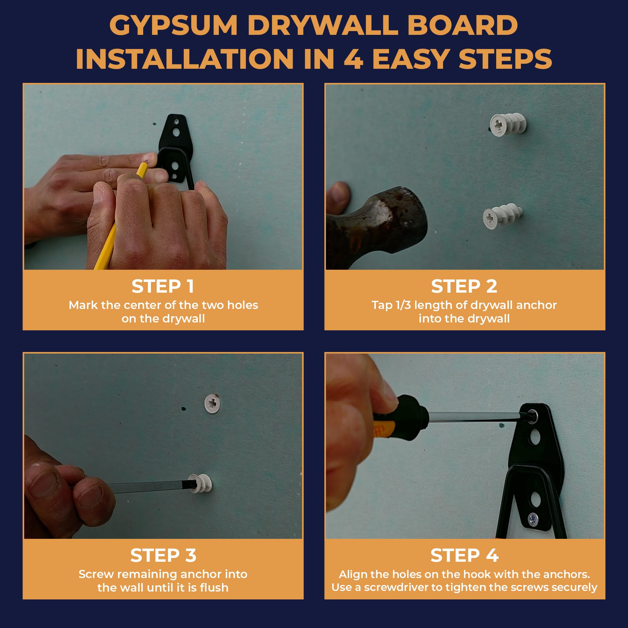 Installation screws and anchors included with Moneek's Hardware hooks kit.