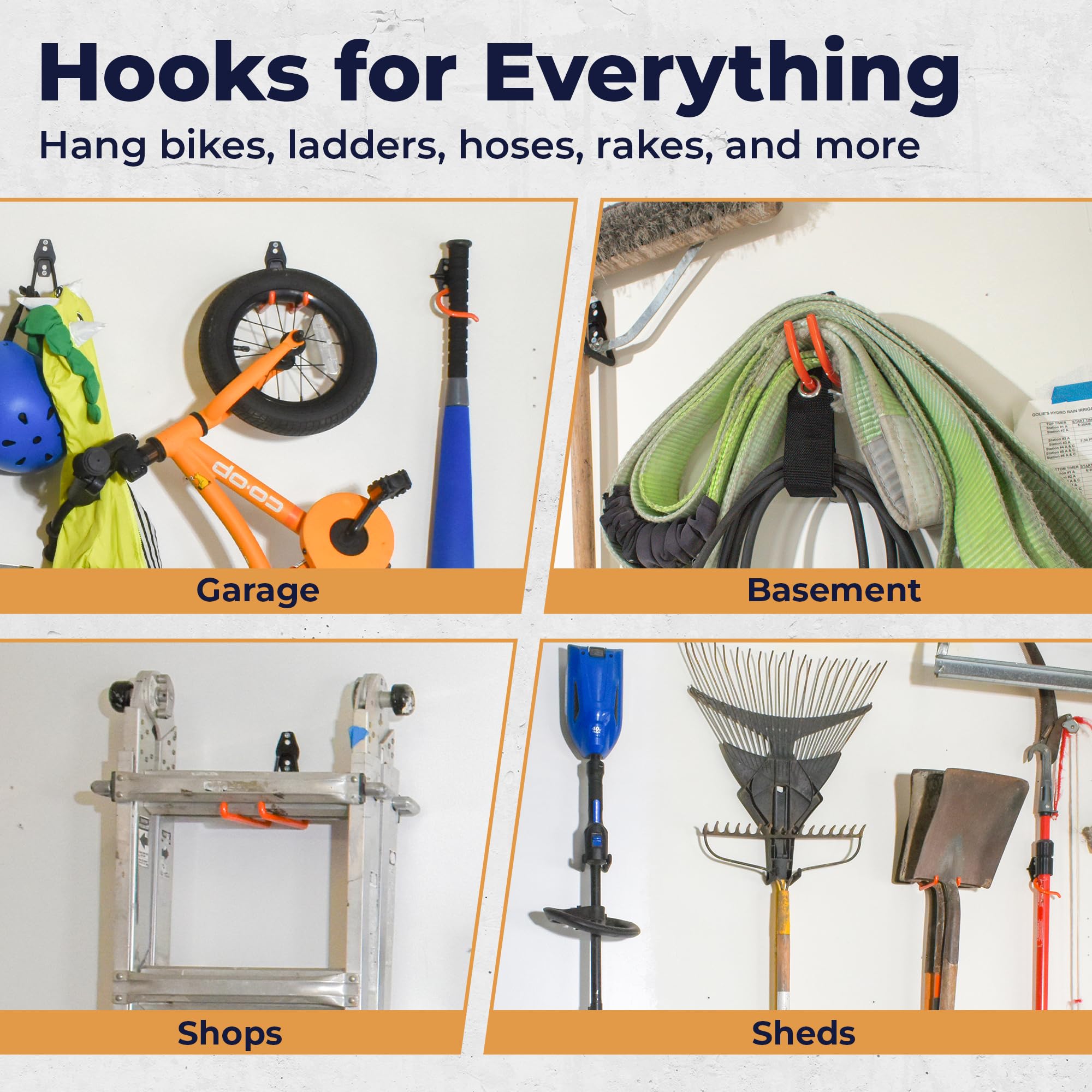 Ladder and bike storage using Moneek's Hardware heavy-duty hooks.