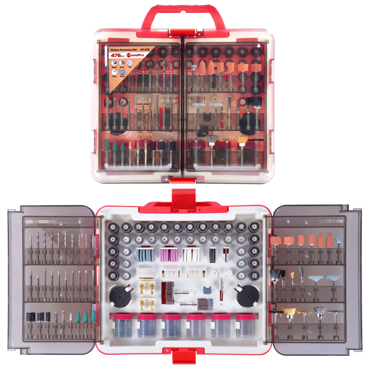 MonoPro 476 PCS rotary tool kit case keeping accessories organized for quick DIY projects.