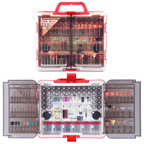 MonoPro 476 PCS rotary tool kit case keeping accessories organized for quick DIY projects.