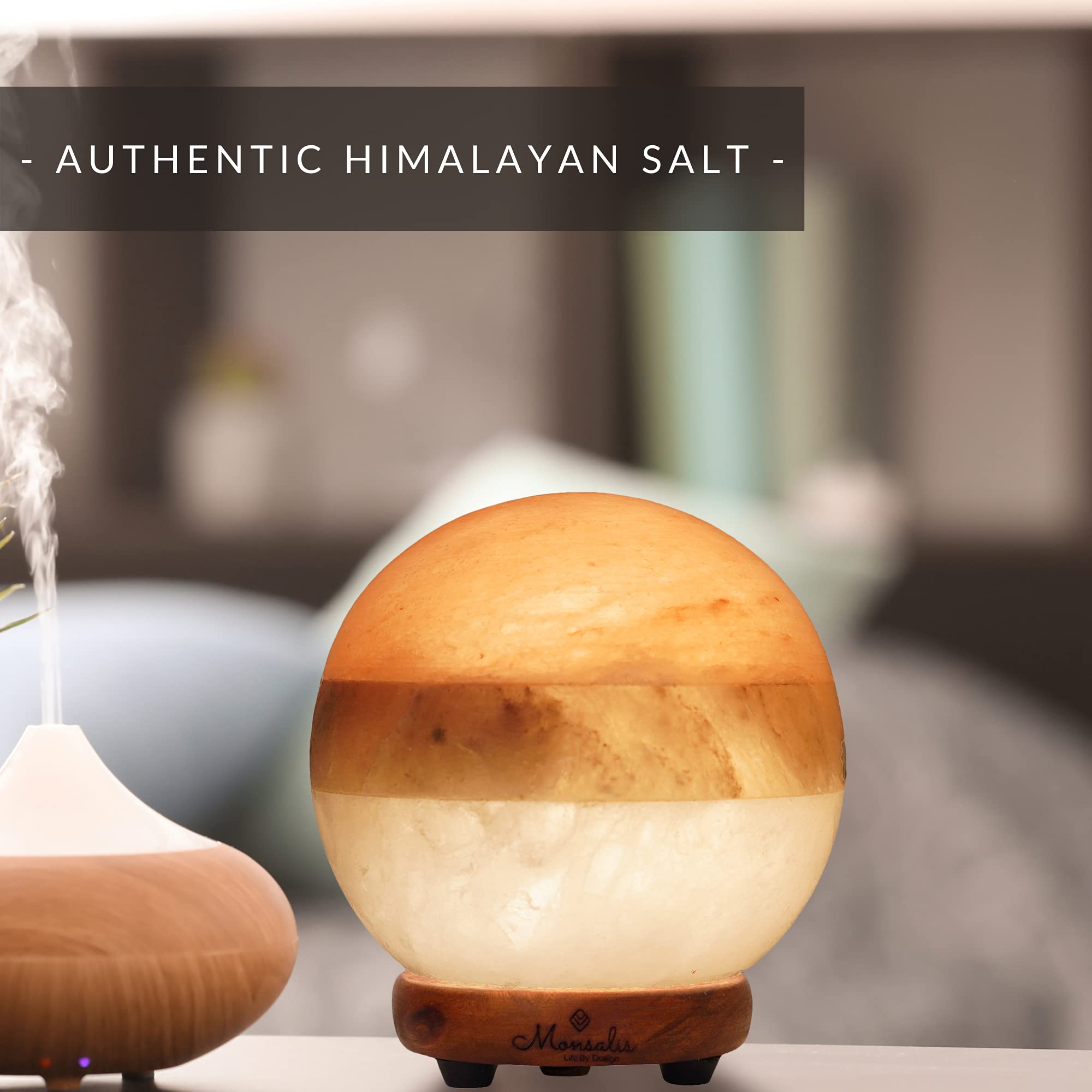 MONSALIS round salt lamp on a nightstand provides soft nighttime lighting.