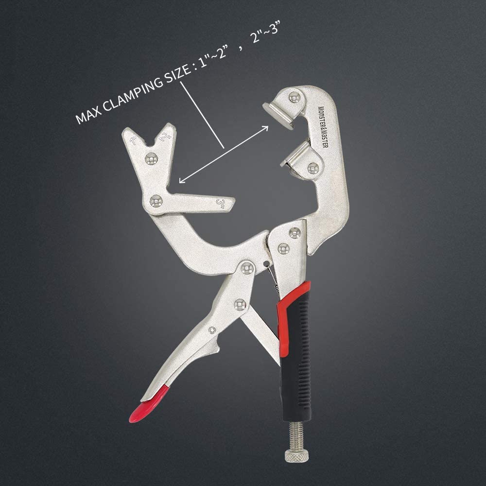 Monster and Master welding pipe plier clamp large V-pads provide solid support on tubes.