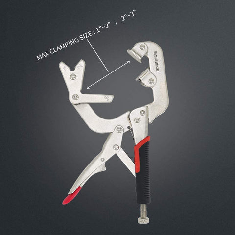 Monster and Master welding pipe plier clamp large V-pads provide solid support on tubes.