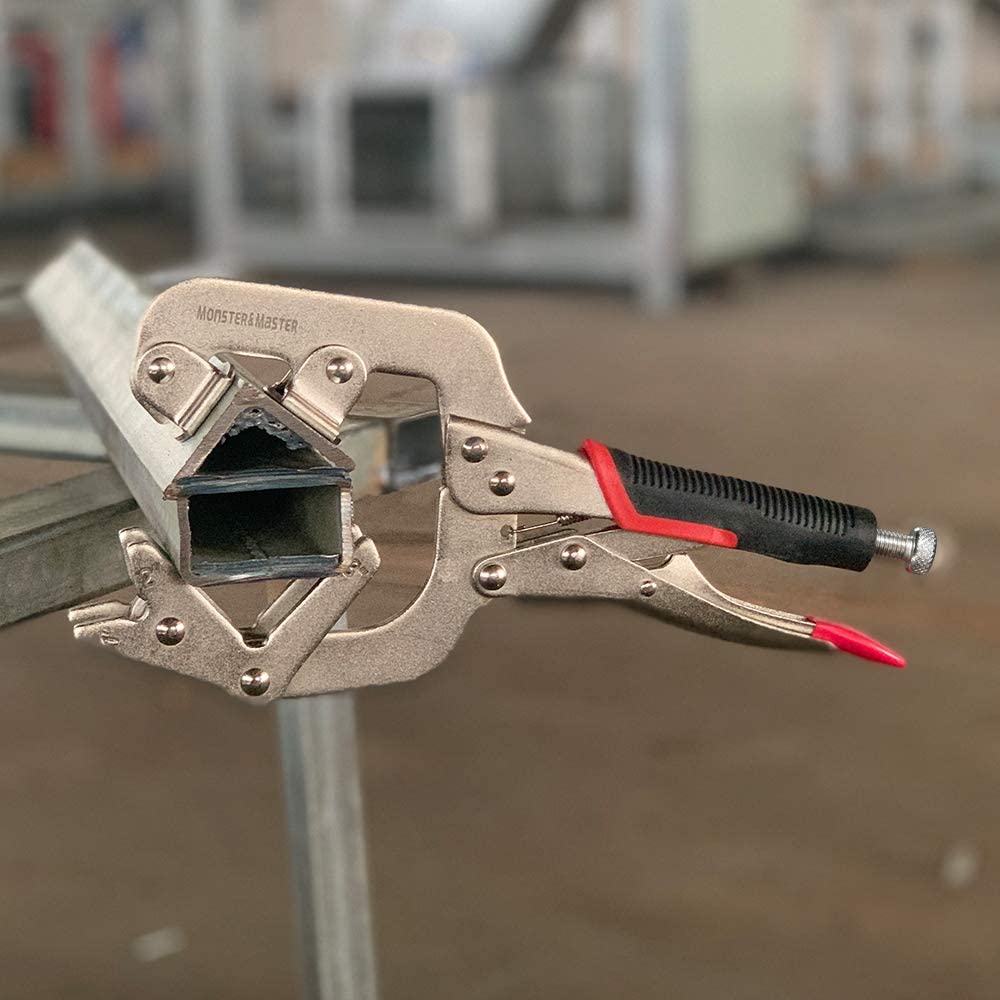 Monster and Master welding pipe plier clamp in action on round and square tubes.