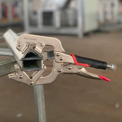 Monster and Master welding pipe plier clamp in action on round and square tubes.