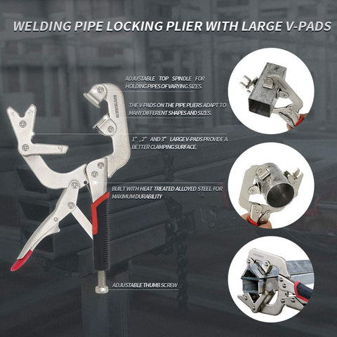 Monster and Master welding pipe plier clamp V-jaw adjustable for versatile grip.