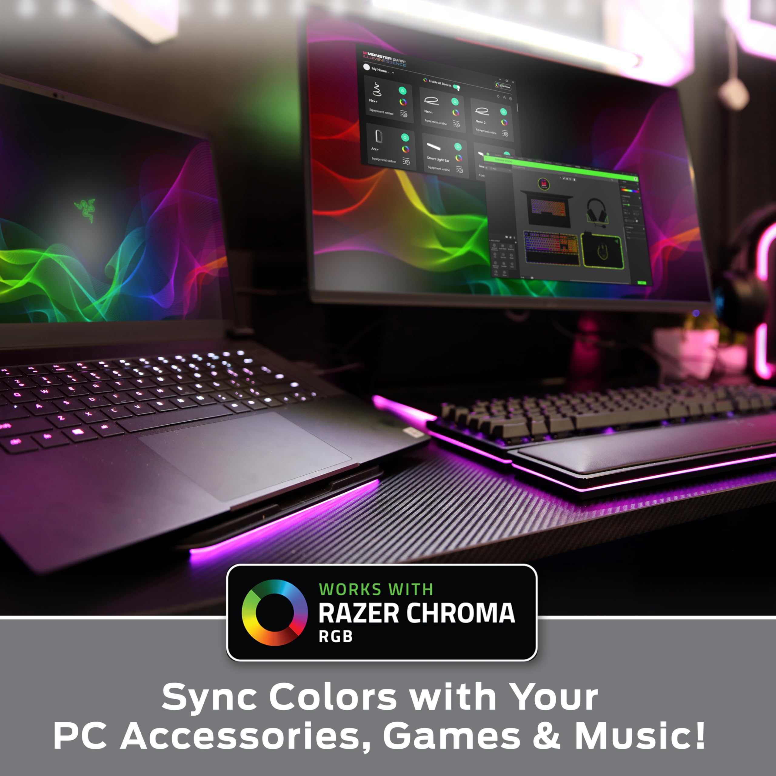 Monster RGB strip color chasing effects create room atmosphere.